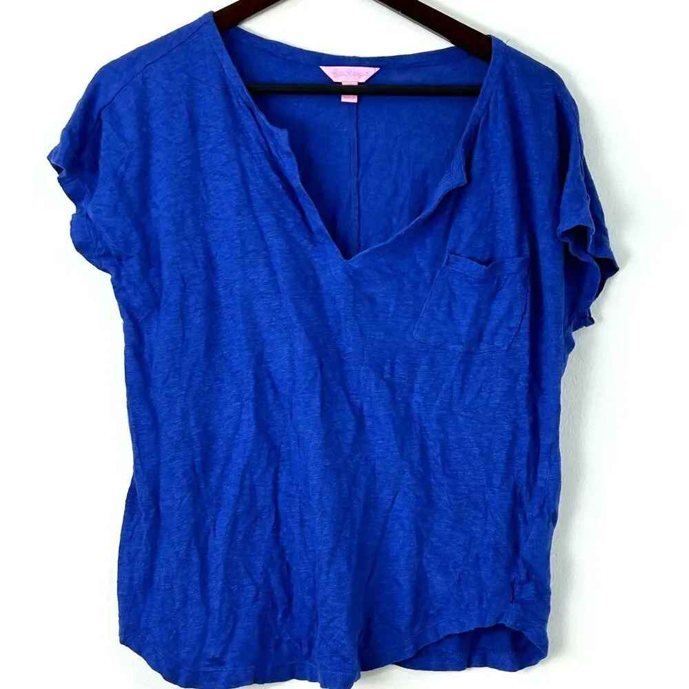 Lilly Pulitzer Shirt Women Medium Blue Linen Split Neck Cap Sleeve Pocket 1379T1 - Picture 4 of 10